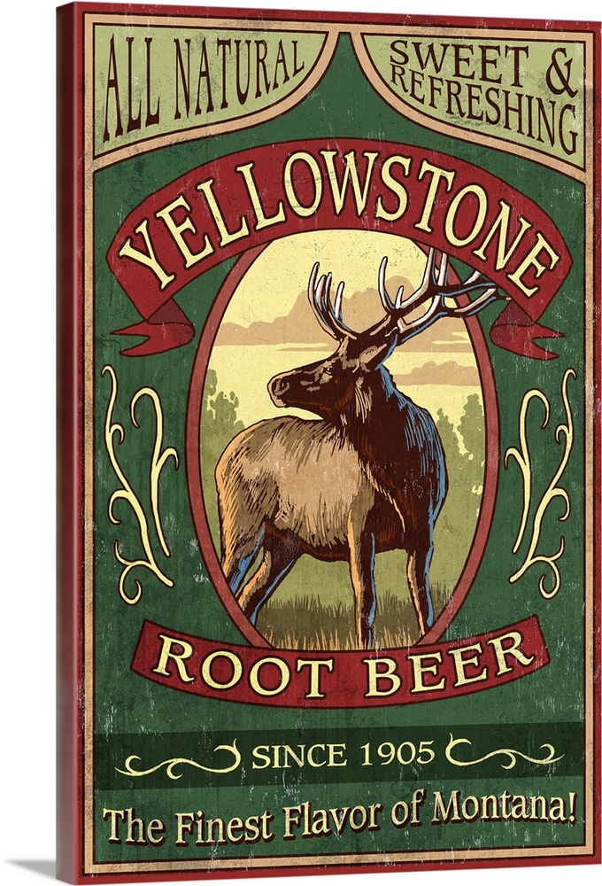 Yellowstone National Park - Elk Root Beer Vintage Sign: Retro Travel Poster
