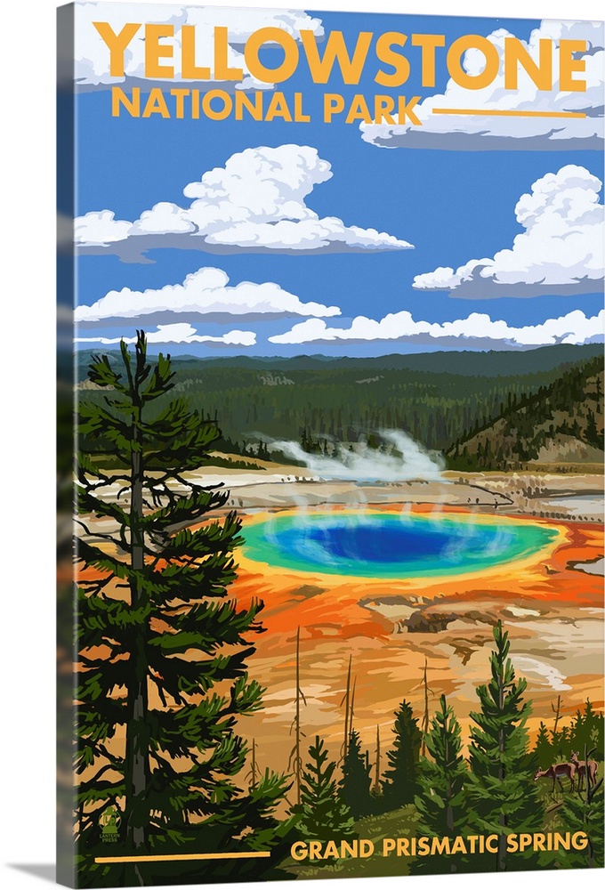 Yellowstone National Park - Grand Prismatic Spring: Retro Travel Poster