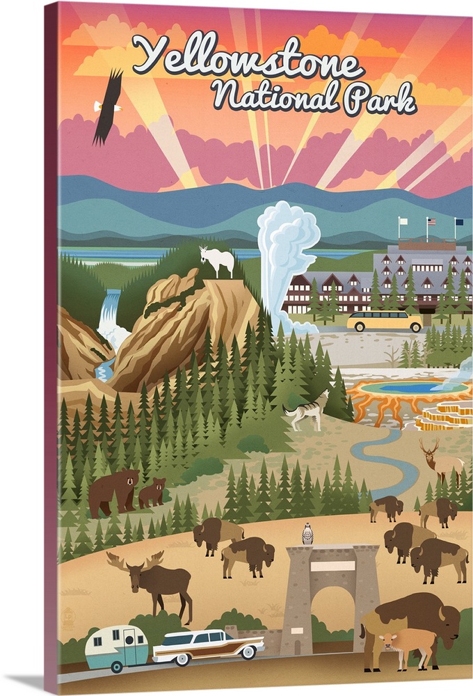 Yellowstone National Park - Retro View: Retro Travel Poster