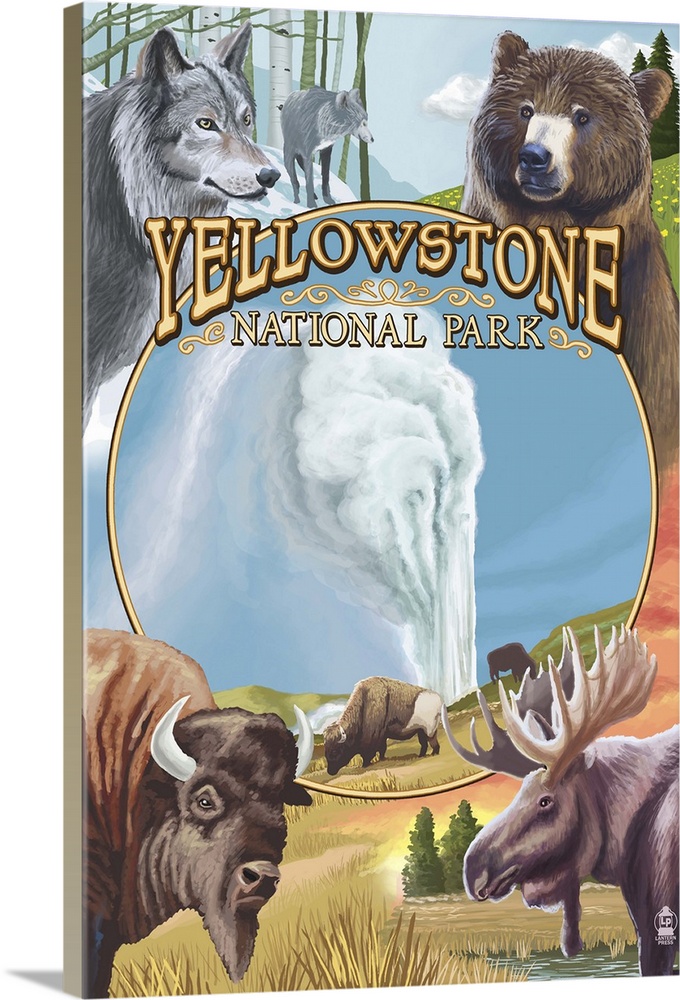 Yellowstone National Park Wildlife Montage: Retro Travel Poster