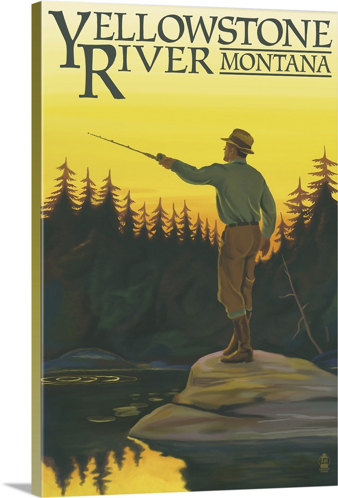 Yellowstone River, Montana - Fly Fishing Scene: Retro Travel Poster | Large Solid-Faced Canvas Wall Art Print | Great Big Canvas
