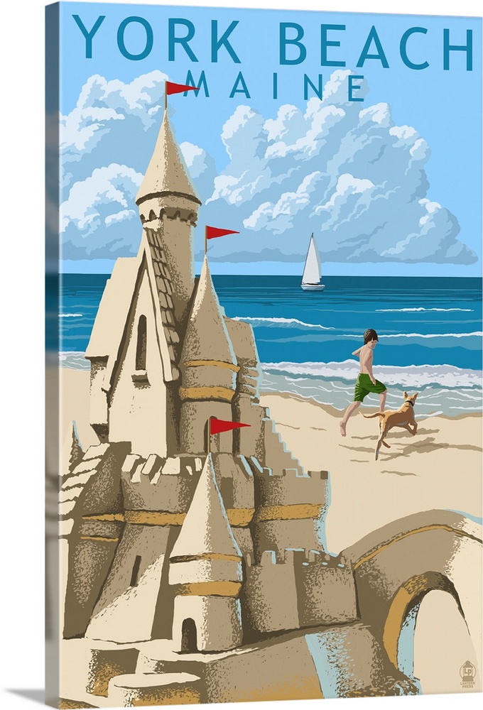 Retro stylized art poster of sand castle on a beach, with a child and dog playing in the background.