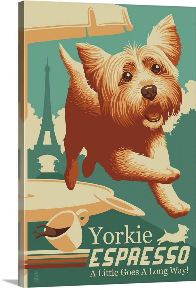 Parody retro advertisement featuring a Yorkshire Terrier and French coffee.