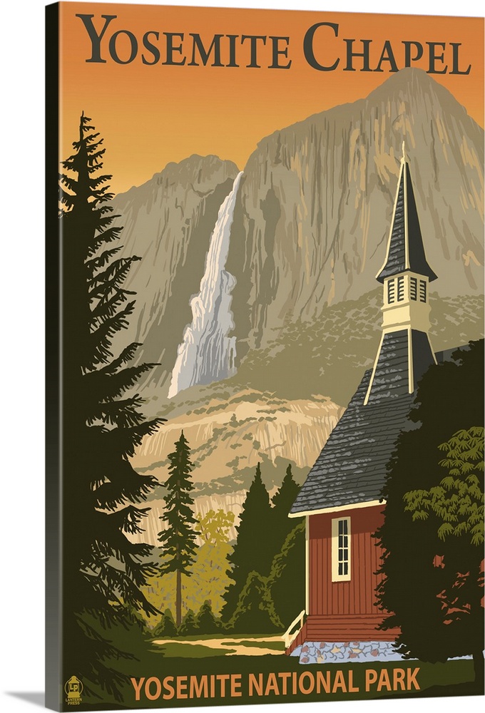 Yosemite Chapel and Yosemite Falls - California: Retro Travel Poster