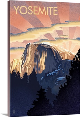 Yosemite National Park, Sunrise Over Half Dome: Retro Travel Poster