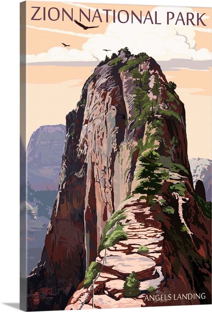Zion National Park - Angels Landing and Condors: Retro Travel Poster