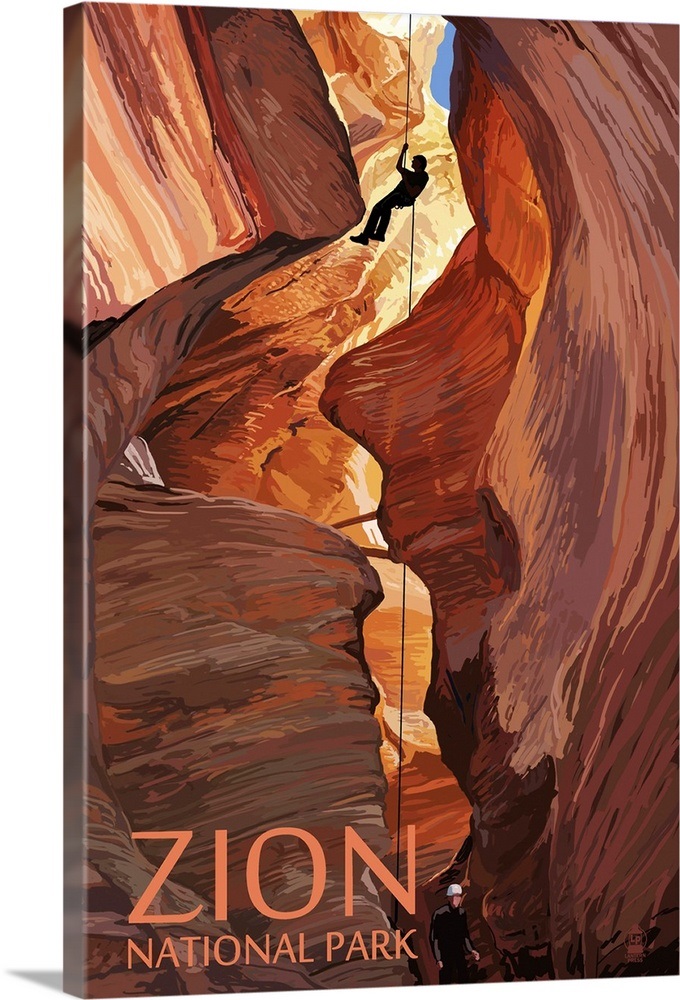 Zion National Park - Canyoneering Scene: Retro Travel Poster Wall Art