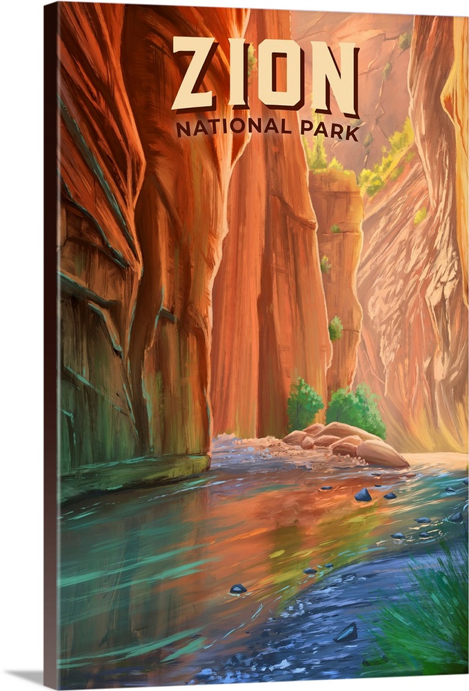Zion National Park, River Hike: Retro Travel Poster