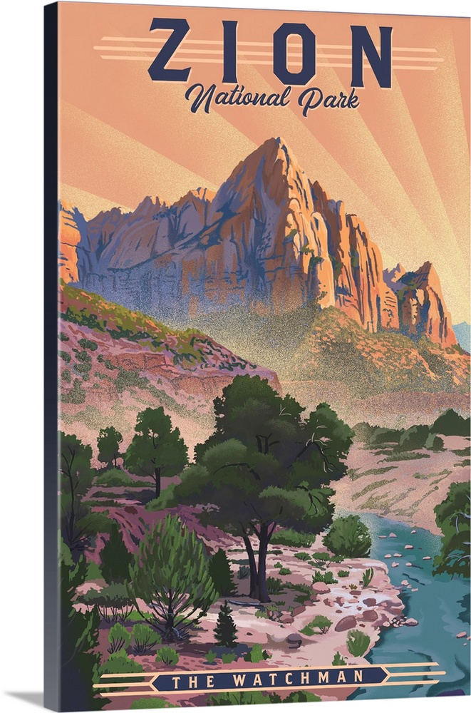 Zion National Park, The Watchman: Retro Travel Poster