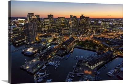 Boston At Night, Massachusetts - Aerial Photograph