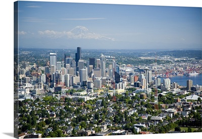 Downtown Seattle skyline, Mt. Rainier, WA, USA - Aerial Photograph