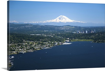 Mount Rainier, Lake Washington, Bellevue Skyline, WA, USA - Aerial Photograph