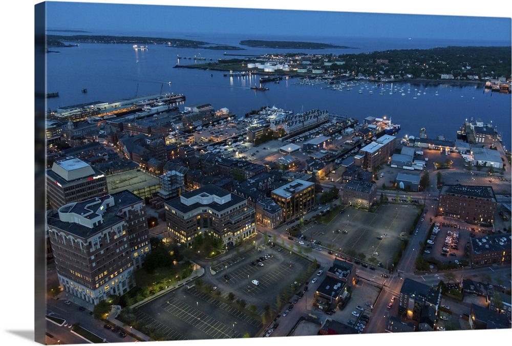 Portland At Night, Maine, USA Aerial Photograph Wall Art, Canvas