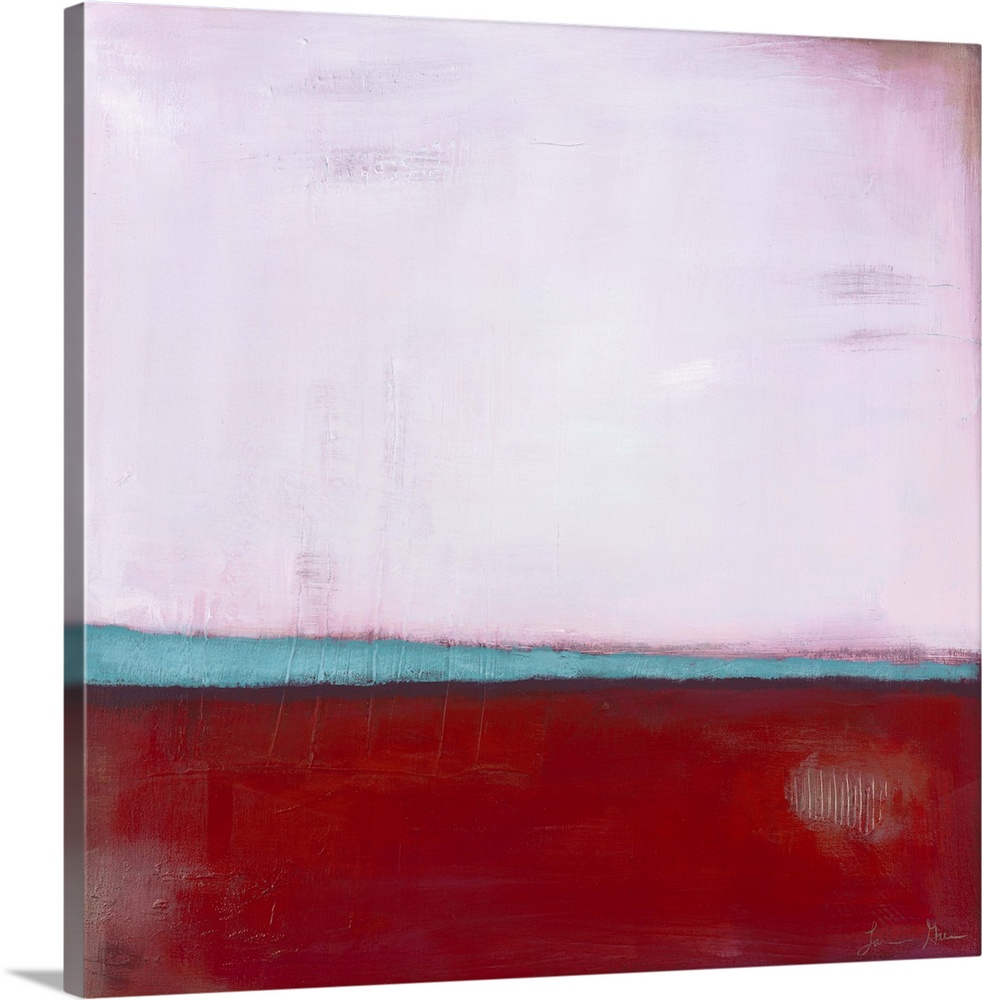 Square, abstract painting featuring large blocks of color in pink and red with light blue accents