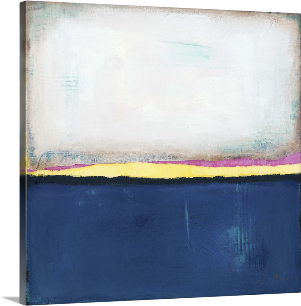 Square, abstract painting featuring large blocks of color in white and dark blue with yellow and pink accents