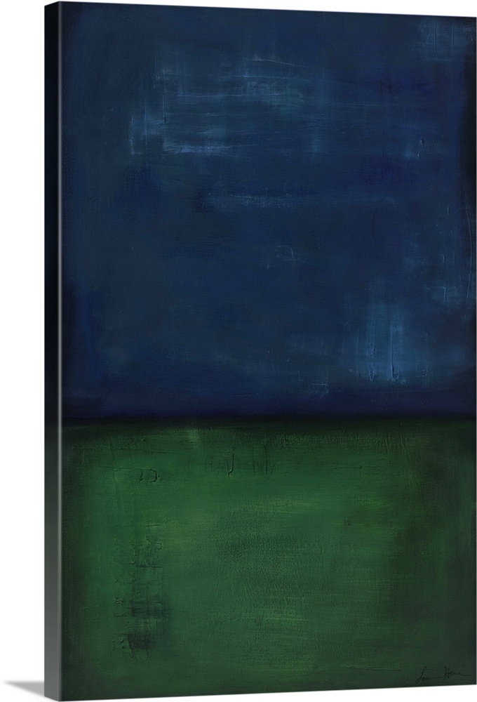 Contemporary abstract painting of a dark blue and green colorfield.