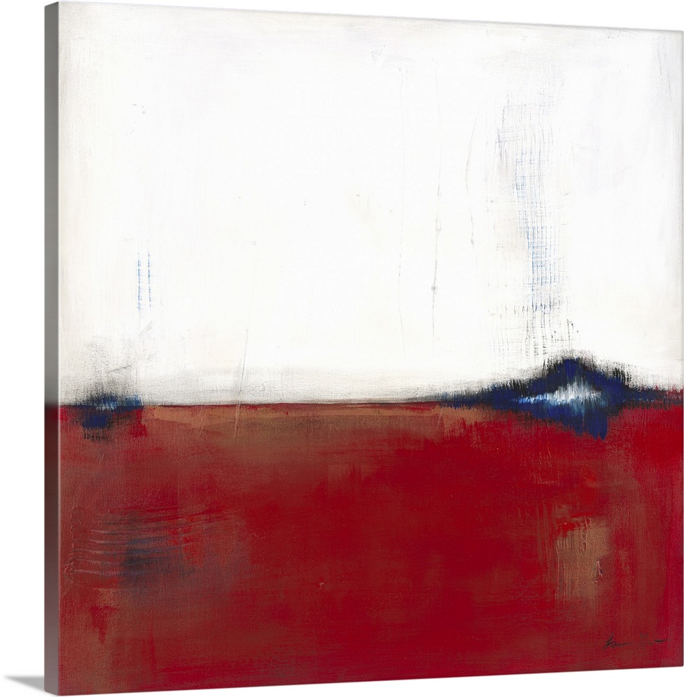 Square, abstract painting featuring large blocks of color in white and red with blue accents