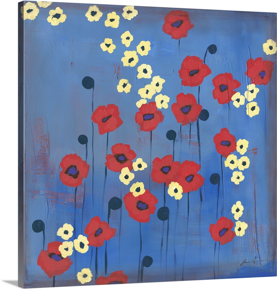 Contemporary painting of red and yellow flowers against a blue background.