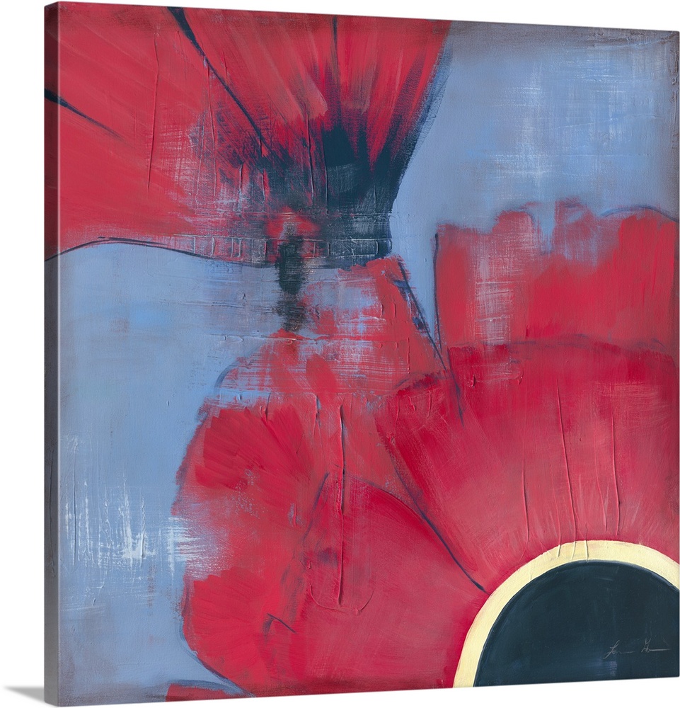 Contemporary painting of red poppies seen very close-up against a blue background.