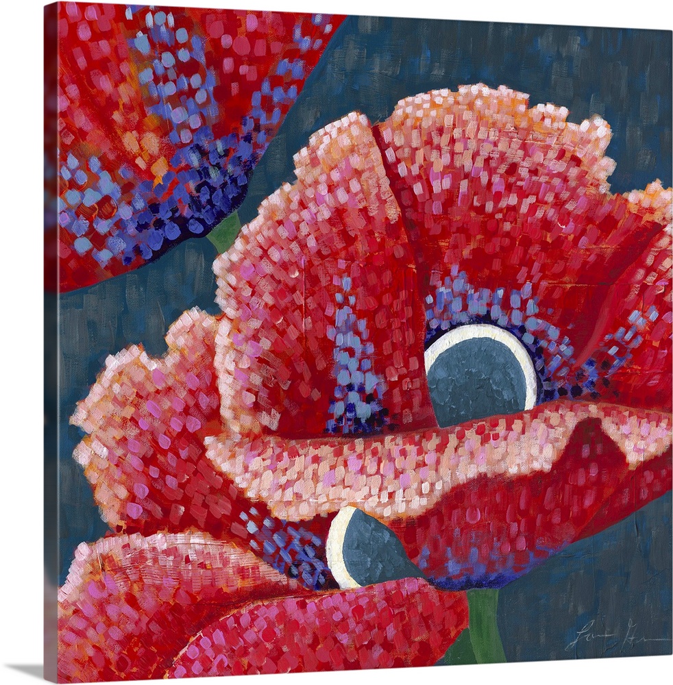 Contemporary painting of red poppies in an Impressionist Pointillism style.