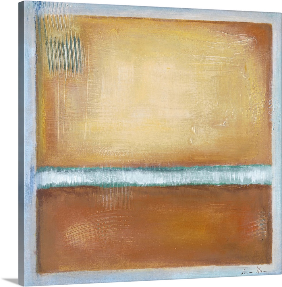 Square, abstract painting featuring large blocks of color in tan with light blue accents