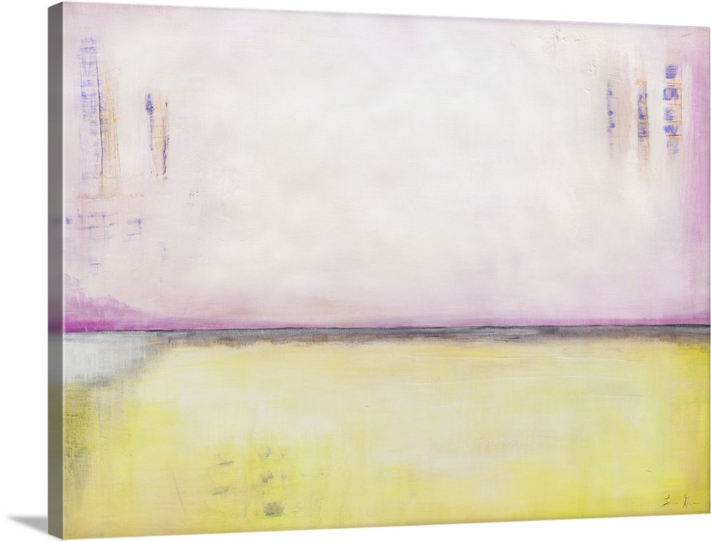 Contemporary abstract colorfield painting using pale pastel pink and yellow.