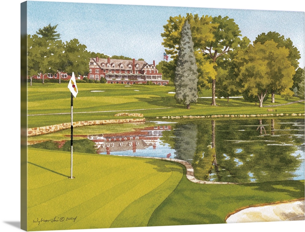 The 4th hole on an iconic New Jersey course with rolling fairways and a small green fronted by a stone wall and a pond.