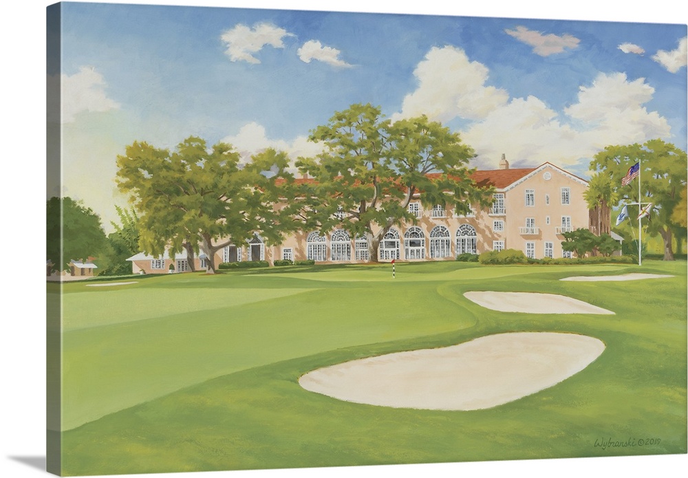 Classic Florida golf featuring a home hole framed by clubhouse and stately oak.