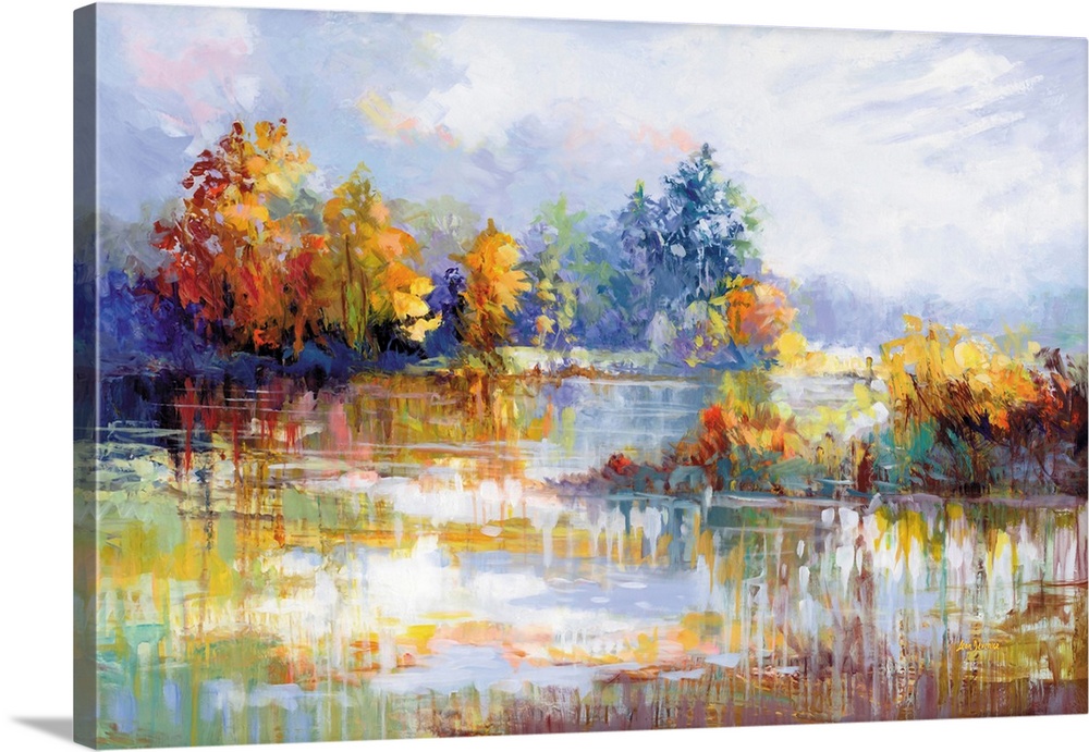 This colorful autumn abstract landscape by Leon Devenice captures the warmth of nature with bold brushwork and vibrant lak...