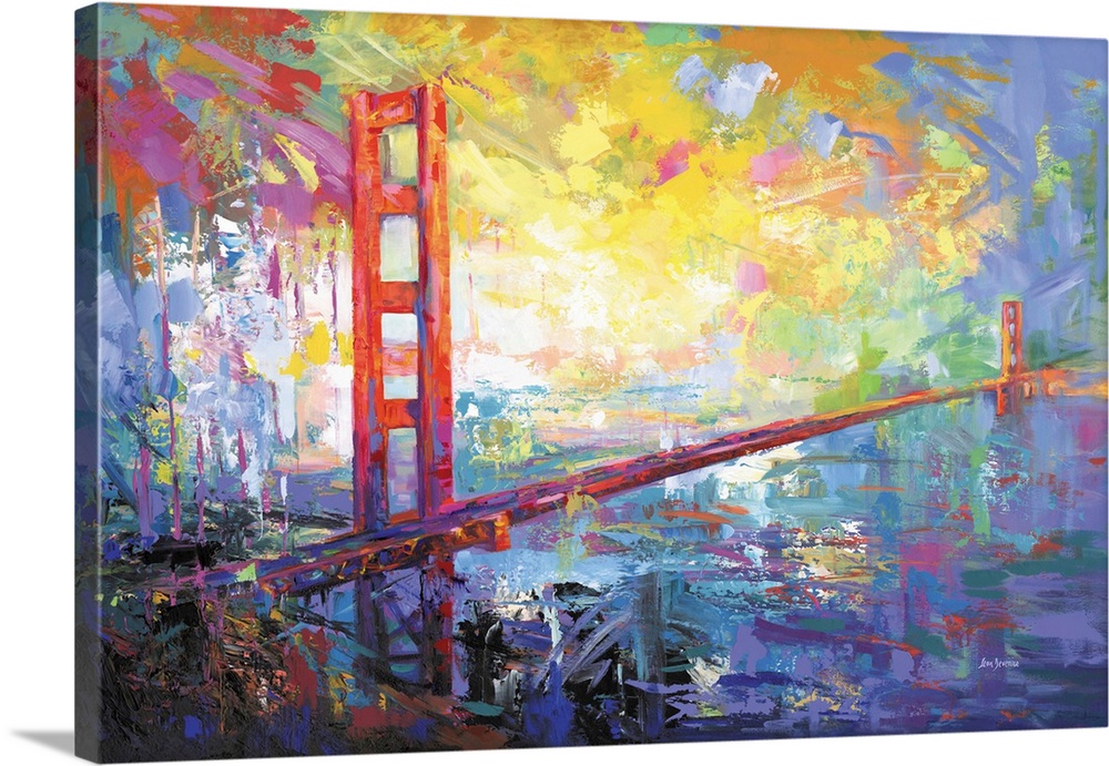 Abstract interpretation of the Golden Gate Bridge stretches across a glowing sky, bathed in bold strokes of yellow, violet...