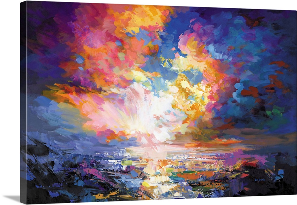 A burst of vibrant clouds stretches across the sky in this abstract modern ocean sunset by Leon Devenice, where light casc...