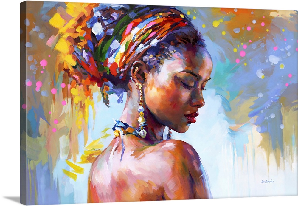 This contemporary artwork showcases a compelling colorful portrait of an African woman, her grace highlighted by the vibra...