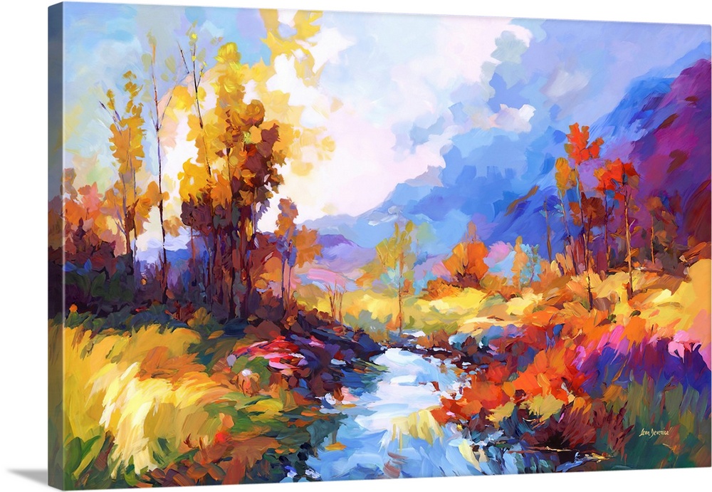 A contemporary impressionistic landscape that brings to life an autumnal riverside scene, vibrant with a spectrum of fall ...