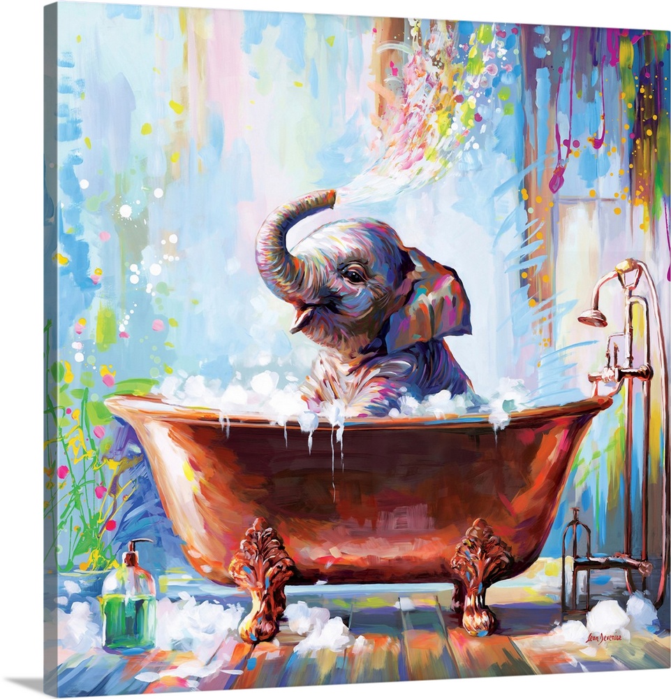 Colorful baby elephant playfully spraying water in a bathtub surrounded by bubbles.