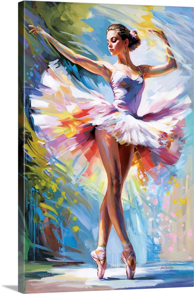 Colorful ballerina in a white tutu performing on pointe against a vibrant, abstract background.