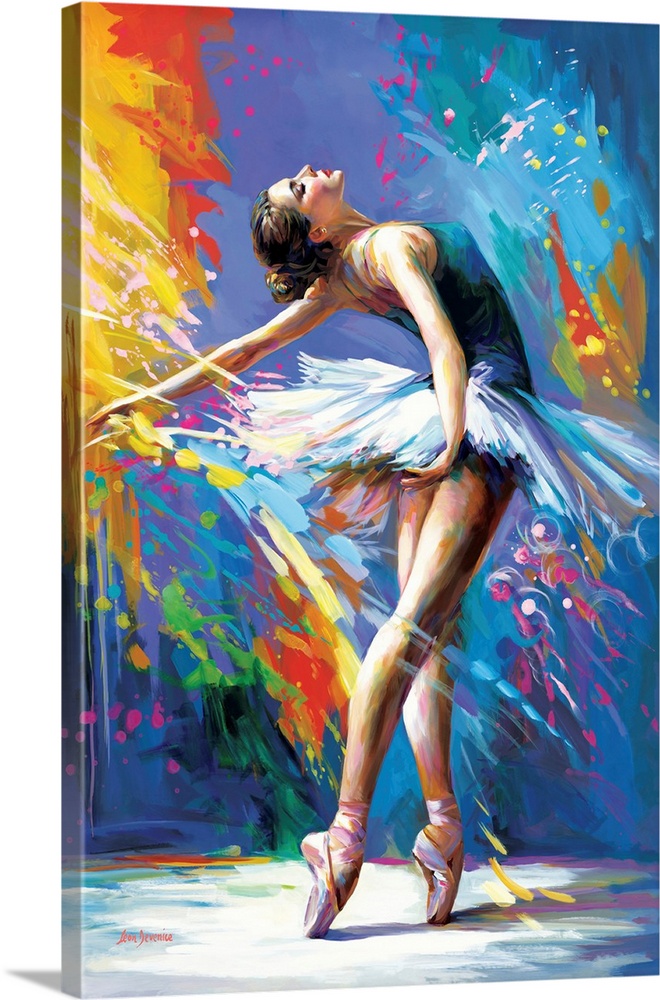 Elegant ballerina in a white tutu arching gracefully on tiptoes against a colorful abstract background.