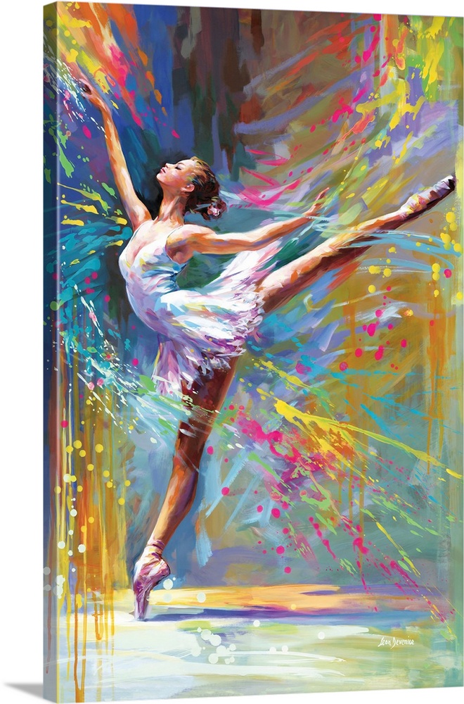 Ballerina in a white tutu performing an arabesque on pointe, surrounded by vibrant splashes of color.