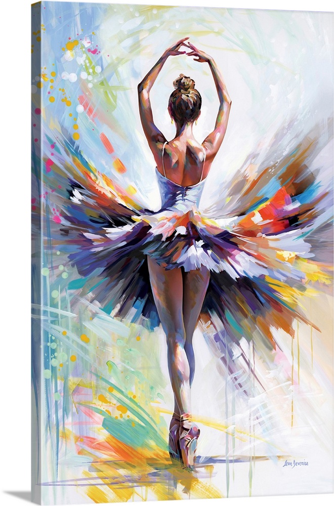 Colorful ballerina standing on pointe with arms gracefully raised, surrounded by vibrant, colorful strokes.