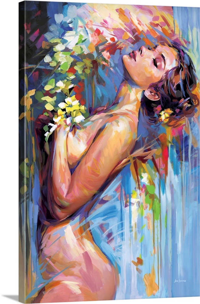 A sensual woman in a serene pose, surrounded by a burst of vibrant, colorful flowers, expressing a moment of peaceful surr...