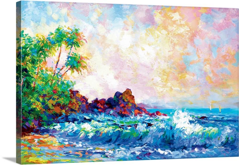 A vibrant and colorful contemporary painting of beach waves with tropical palm trees in Honolulu Hawaii.
