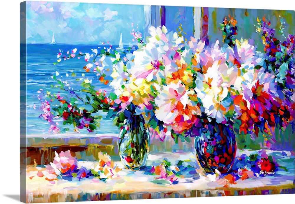 In this impressionistic piece vibrant bouquets in vases radiate with a spectrum of colors against the serene blues of a se...