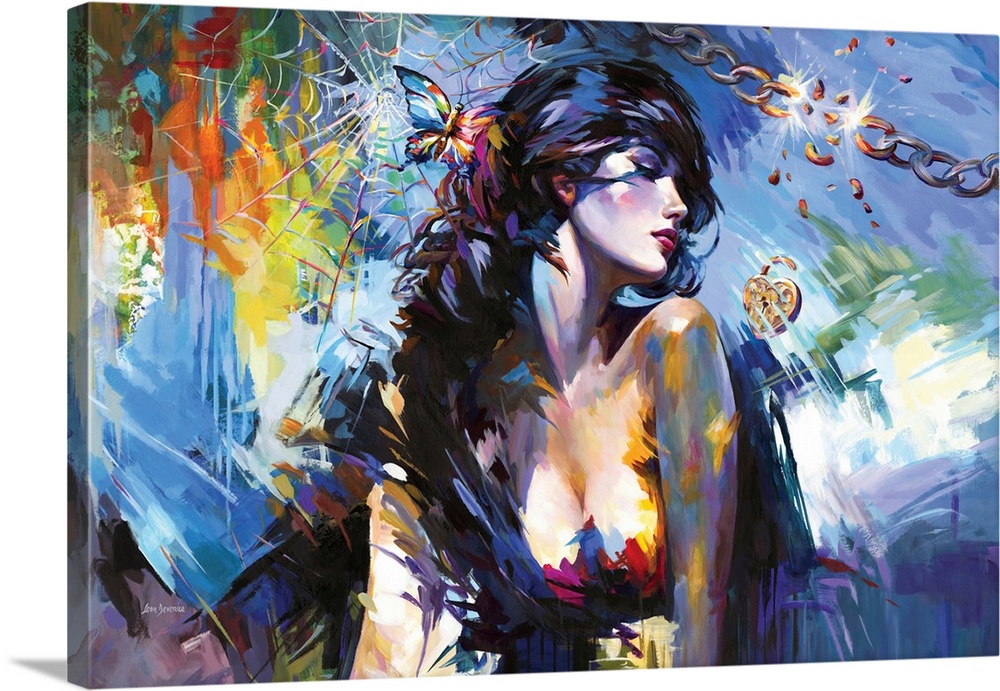 A contemporary figurative portrait of a woman with closed eyes and flowing hair, surrounded by an expressive, colorful abs...