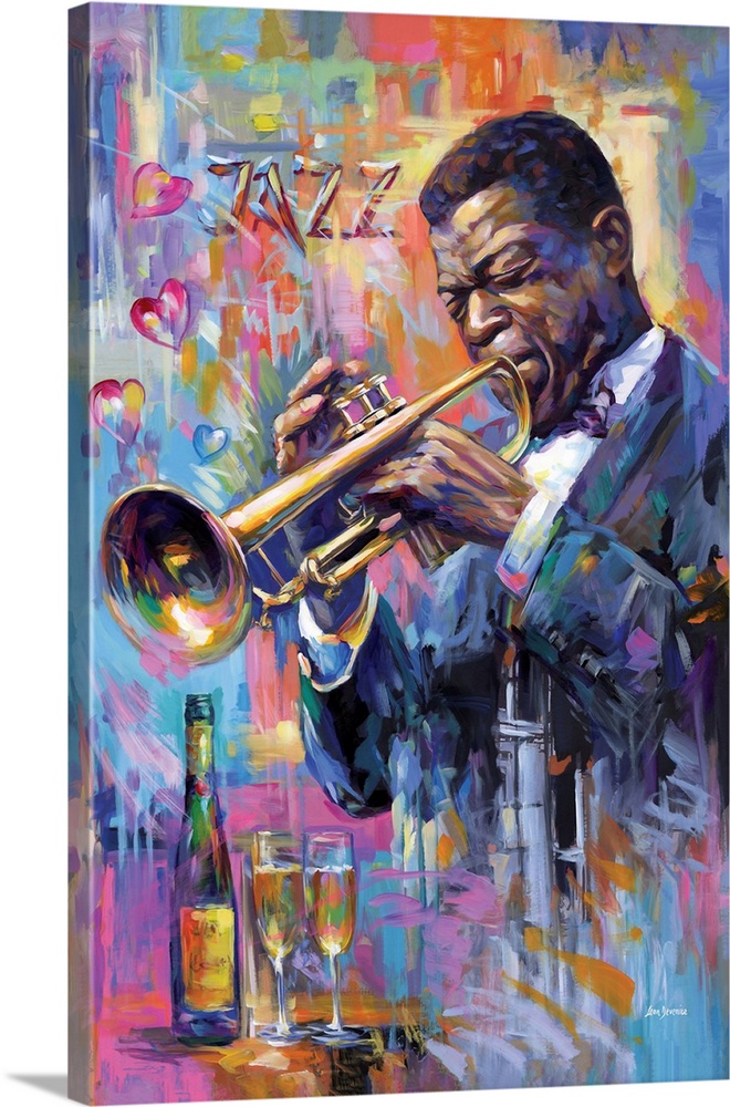 A soulful musician immersed in the rhythm of jazz, passionately playing the trumpet against a backdrop of bold colors and ...