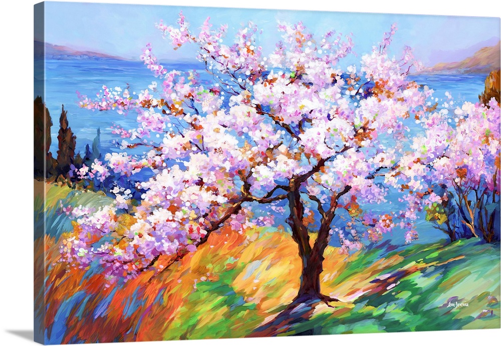 This impressionistic artwork captures a cherry blossom tree's delicate beauty, arrayed in soft, colorful hues against the ...