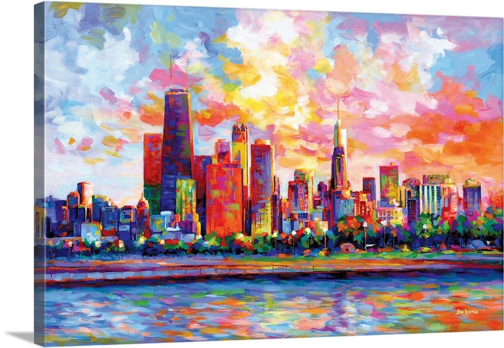Vibrant and colorful contemporary painting of the Chicago Skyline in the style of modern impressionism.