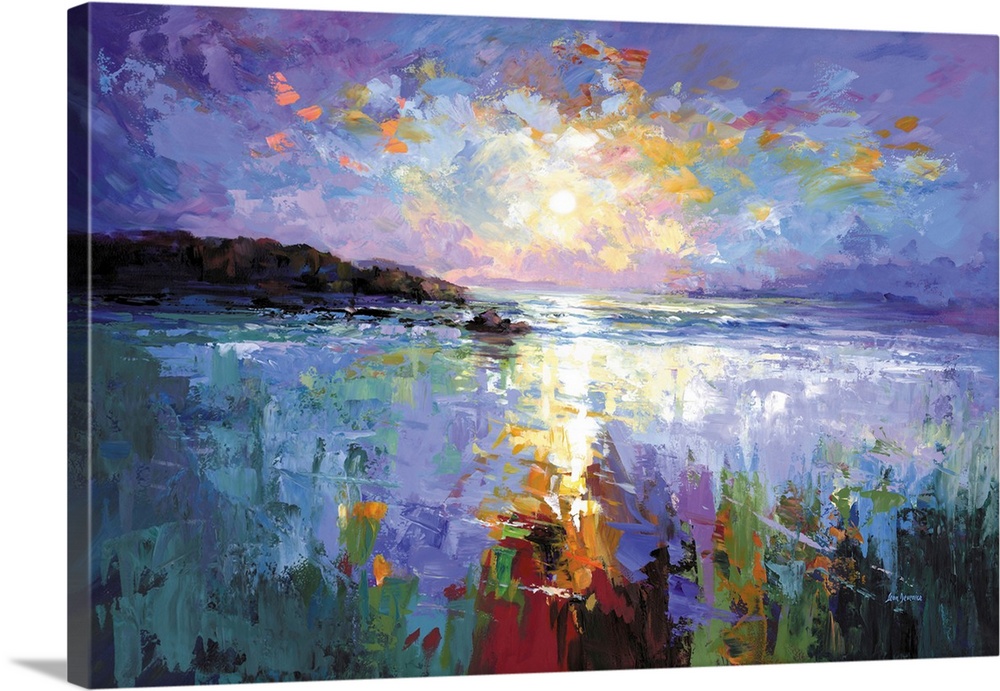 A colorful abstract seascape by Leon Devenice, where soft purples, golden light, and expressive brushstrokes capture the h...