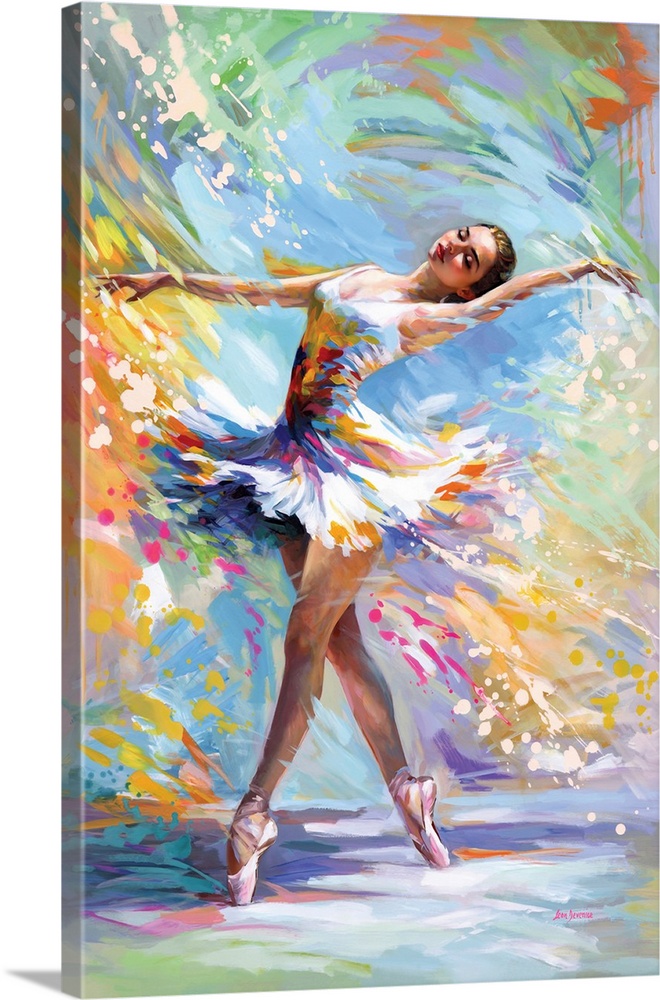 Ballerina in mid-twirl, vividly portrayed with explosive, colorful brush strokes that convey dynamic movement and emotion.