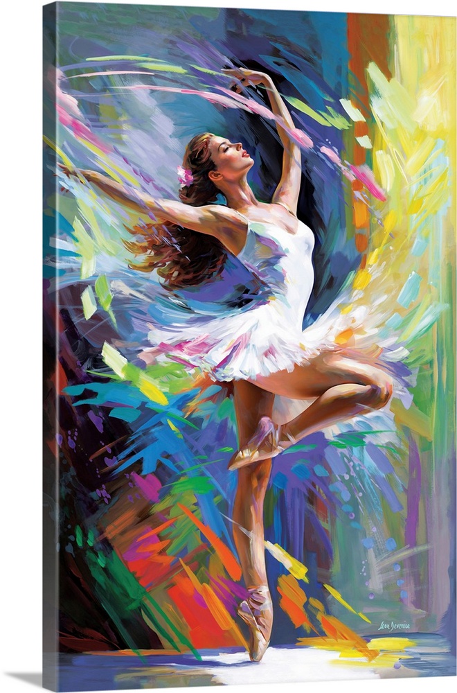 Ballerina in a white tutu performing a graceful dance with arms extended, surrounded by vibrant colors.