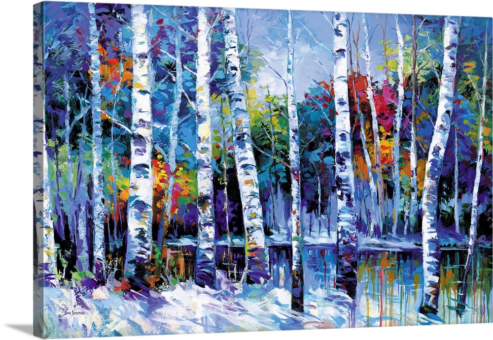 A vibrant birch tree forest where snowy ground and mirrored reflections contrast against a backdrop of vivid foliage and d...