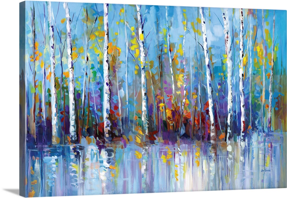 Colorful abstract artwork of birch trees with vivid leaves, reflecting on a calm surface, creating a serene and lively scene.